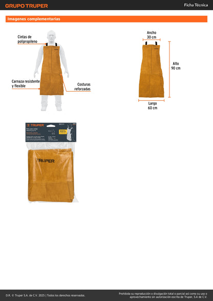 Peto de Carnaza para Soldar Truper PROSO-1 - Protección Profesional Contra Chispas y Calor - Mandil de Soldadura Resistente con Costuras Reforzadas