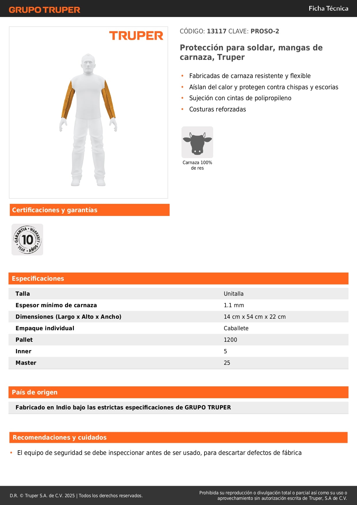 Mangas de Carnaza para Soldar Truper PROSO-2 - Protección Profesional Contra Chispas y Calor con Costuras Reforzadas