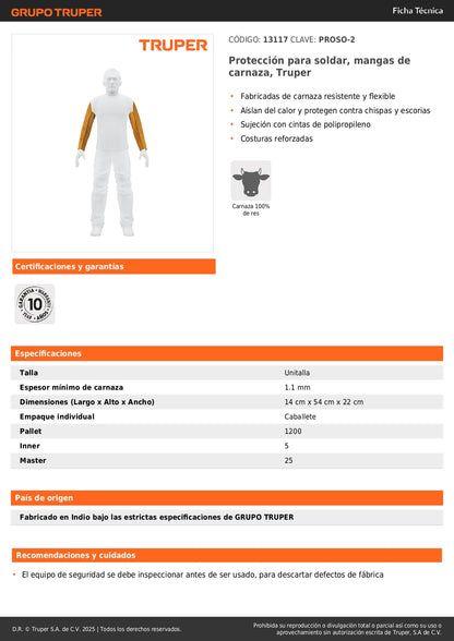 Mangas de Carnaza para Soldar Truper PROSO-2 - Protección Profesional Contra Chispas y Calor con Costuras Reforzadas