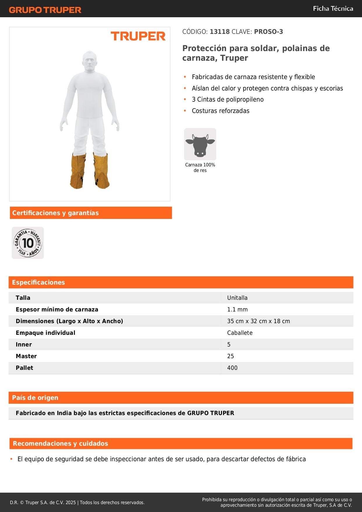 Polainas de Carnaza Truper PROSO-3 - Protección Profesional para Soldadura contra Chispas y Calor