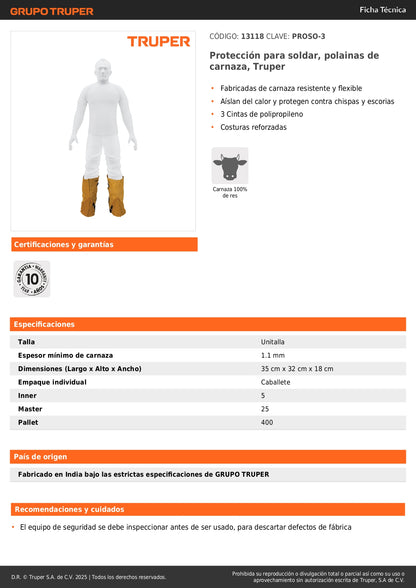 Polainas de Carnaza Truper PROSO-3 - Protección Profesional para Soldadura contra Chispas y Calor