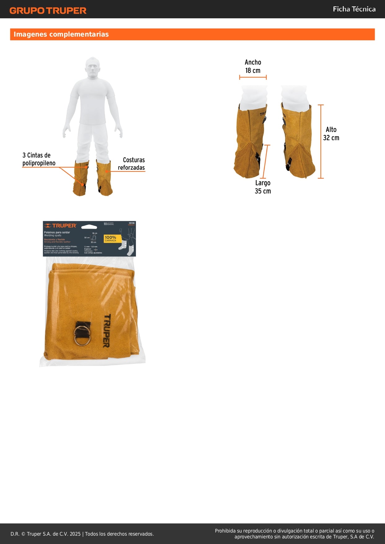 Polainas de Carnaza Truper PROSO-3 - Protección Profesional para Soldadura contra Chispas y Calor