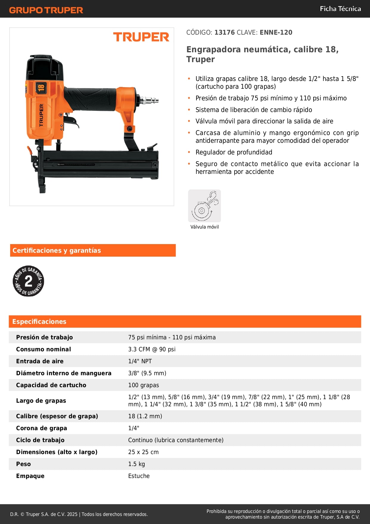 Engrapadora Neumática TRUPER ENNE-120 Calibre 18 Profesional - Solución Rápida para Tapicería, Carpintería y Construcción