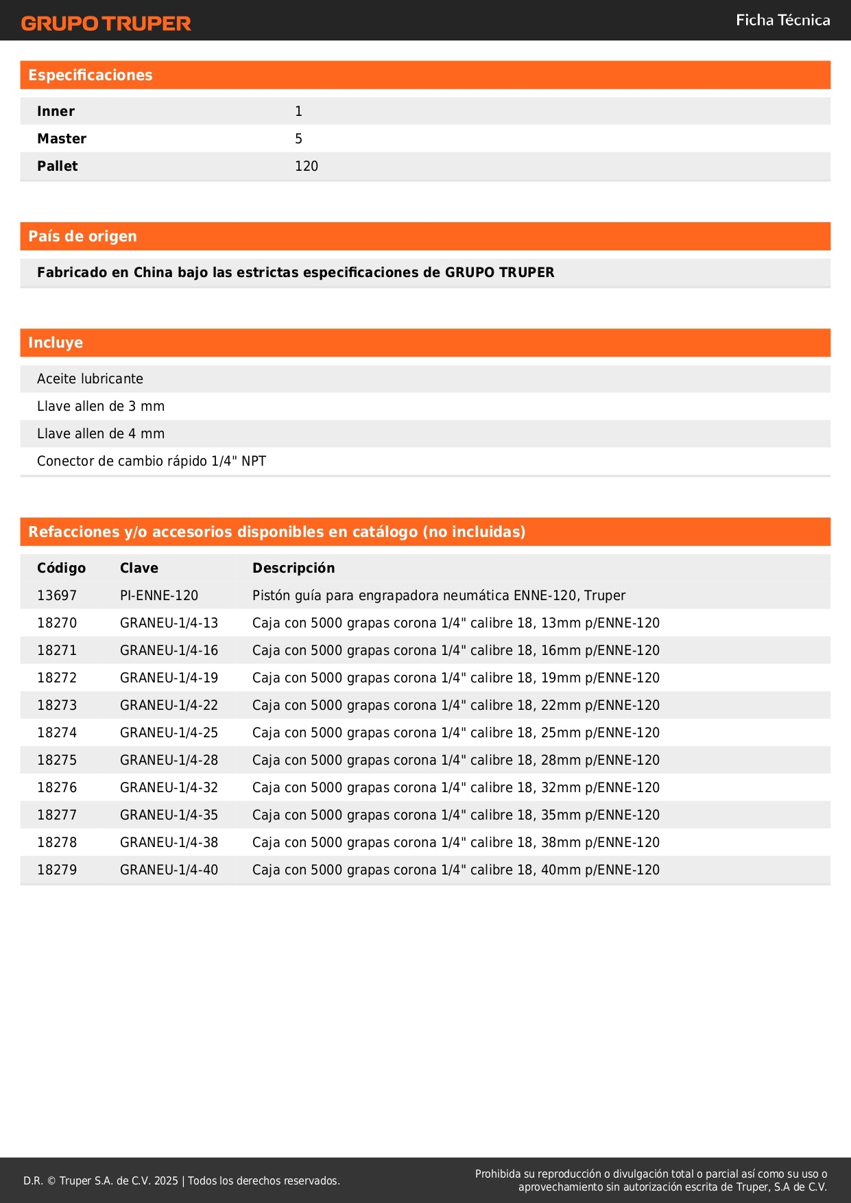 Engrapadora Neumática TRUPER ENNE-120 Calibre 18 Profesional - Solución Rápida para Tapicería, Carpintería y Construcción