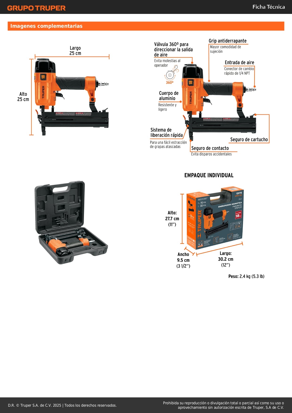 Engrapadora Neumática TRUPER ENNE-120 Calibre 18 Profesional - Solución Rápida para Tapicería, Carpintería y Construcción