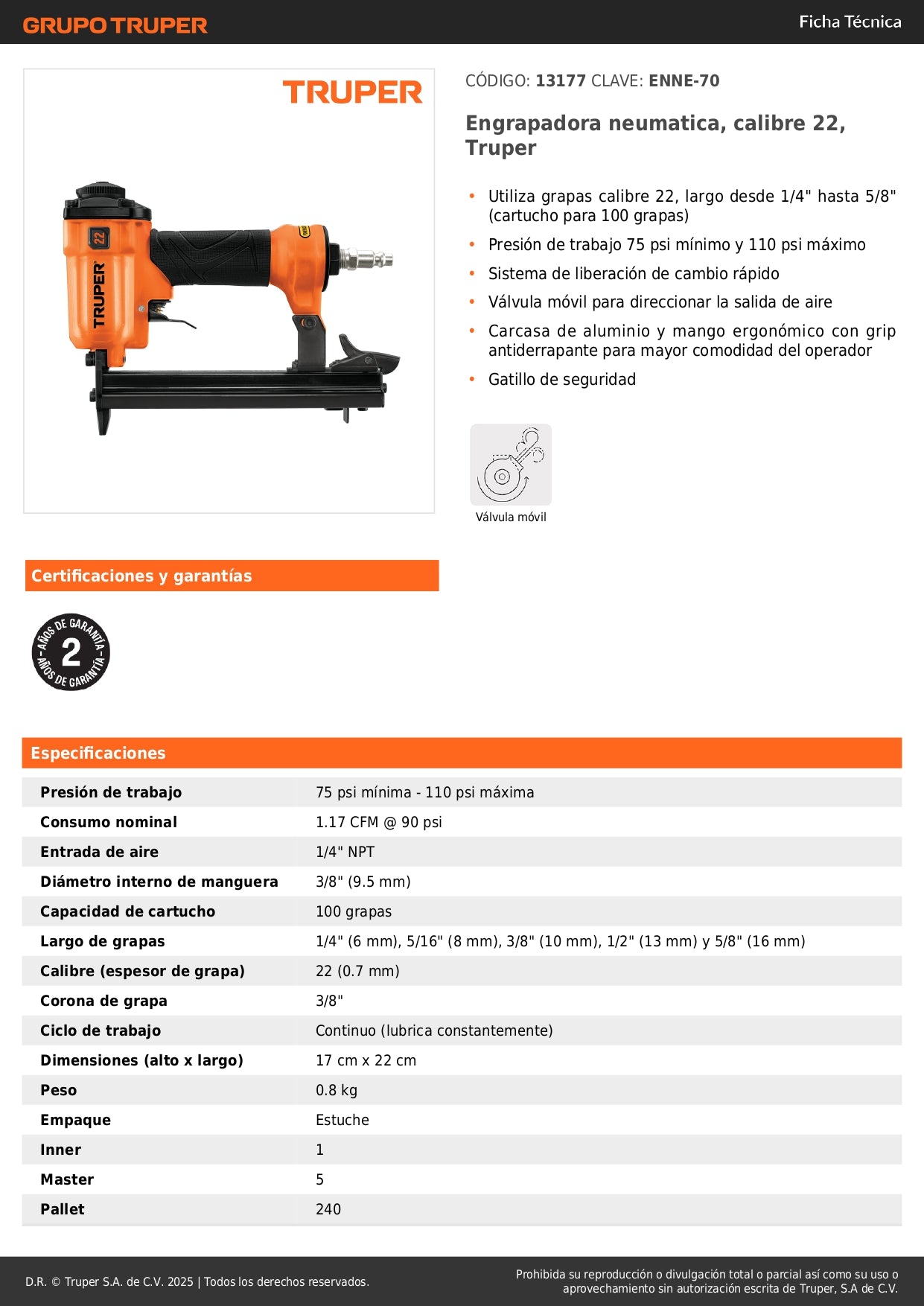Engrapadora Neumática TRUPER ENNE-70 Calibre 22 - Grapas 1/4 a 5/8 Pulgadas - Herramienta Profesional para Tapicería, Carpintería y Construcción - 75-110 PSI