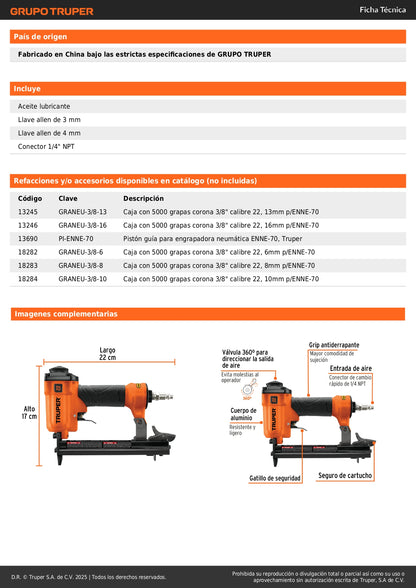 Engrapadora Neumática TRUPER ENNE-70 Calibre 22 - Grapas 1/4 a 5/8 Pulgadas - Herramienta Profesional para Tapicería, Carpintería y Construcción - 75-110 PSI