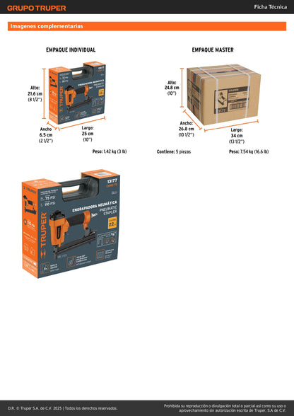 Engrapadora Neumática TRUPER ENNE-70 Calibre 22 - Grapas 1/4 a 5/8 Pulgadas - Herramienta Profesional para Tapicería, Carpintería y Construcción - 75-110 PSI