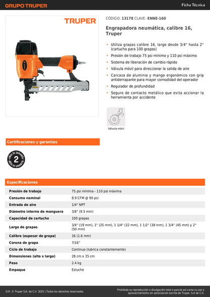 Engrapadora Neumática TRUPER Calibre 16 Profesional - Grapas 3/4 a 2 Pulgadas - Sistema Cambio Rápido - Solución Eficiente para Tapicería y Carpintería