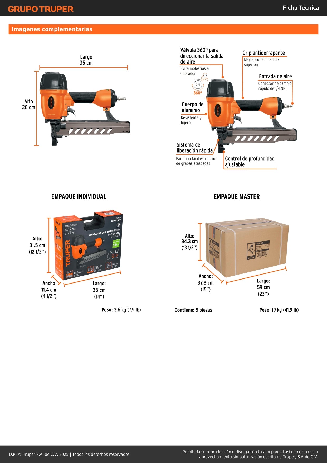 Engrapadora Neumática TRUPER Calibre 16 Profesional - Grapas 3/4 a 2 Pulgadas - Sistema Cambio Rápido - Solución Eficiente para Tapicería y Carpintería