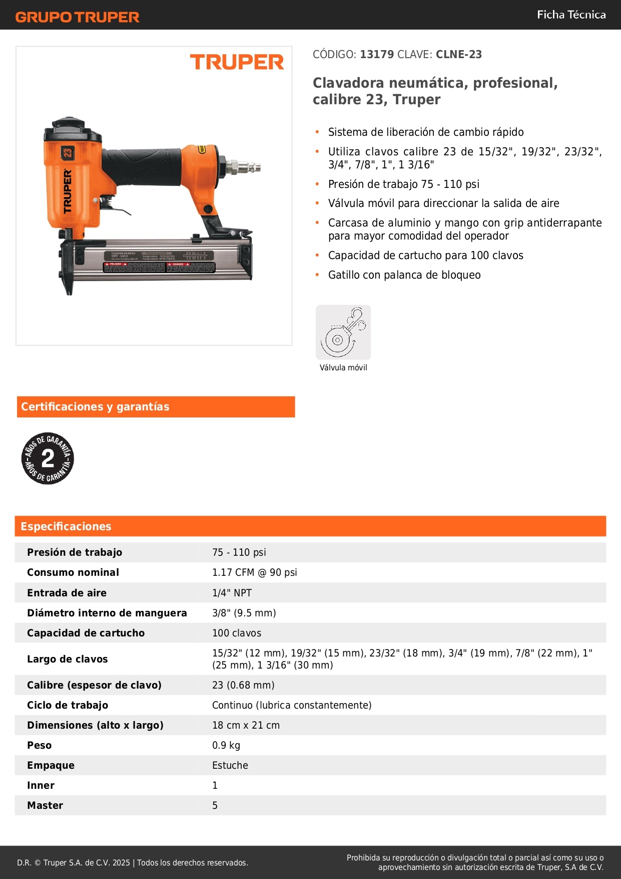 Clavadora Neumática Profesional Calibre 23 Truper CLNE-23 - Solución Rápida para Carpintería y Acabados - Sistema Cambio Rápido 75-110 PSI