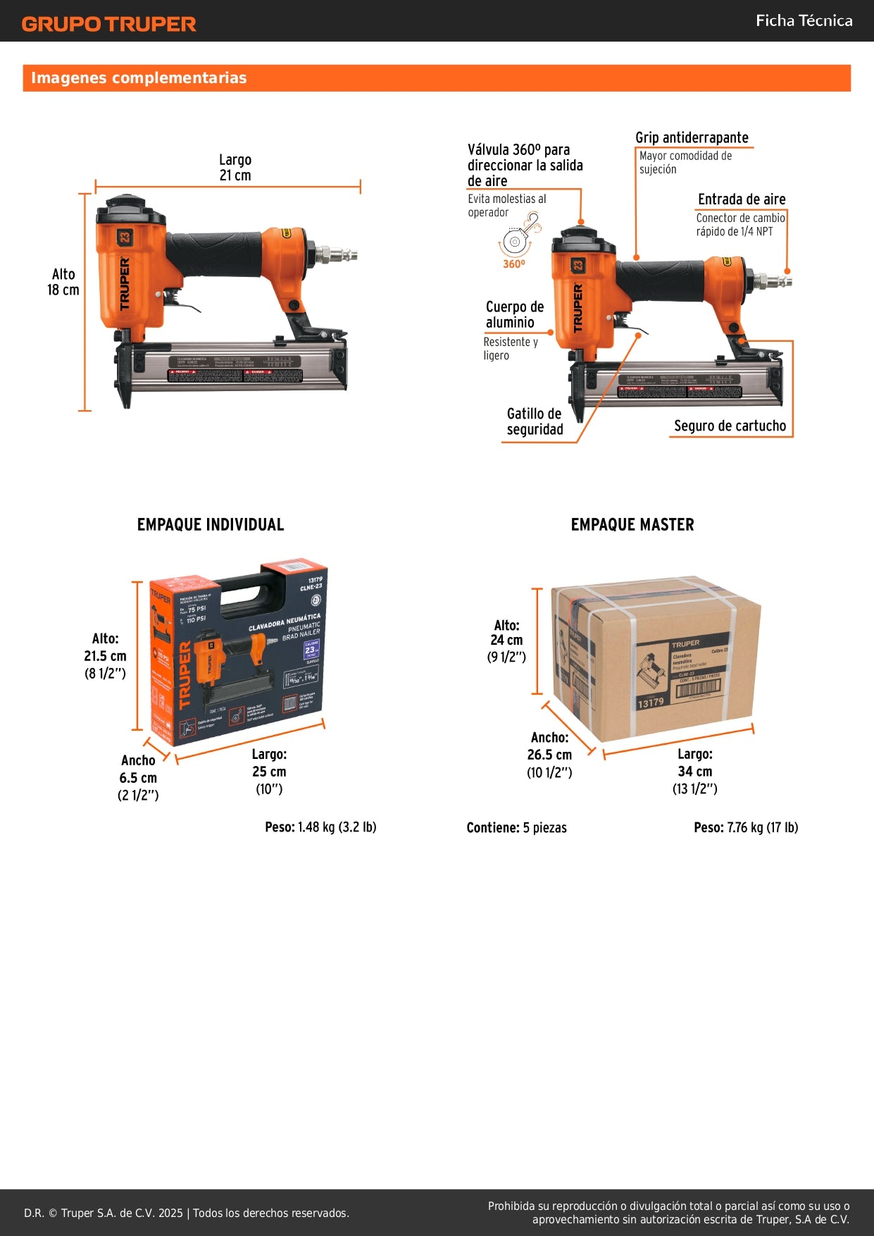 Clavadora Neumática Profesional Calibre 23 Truper CLNE-23 - Solución Rápida para Carpintería y Acabados - Sistema Cambio Rápido 75-110 PSI
