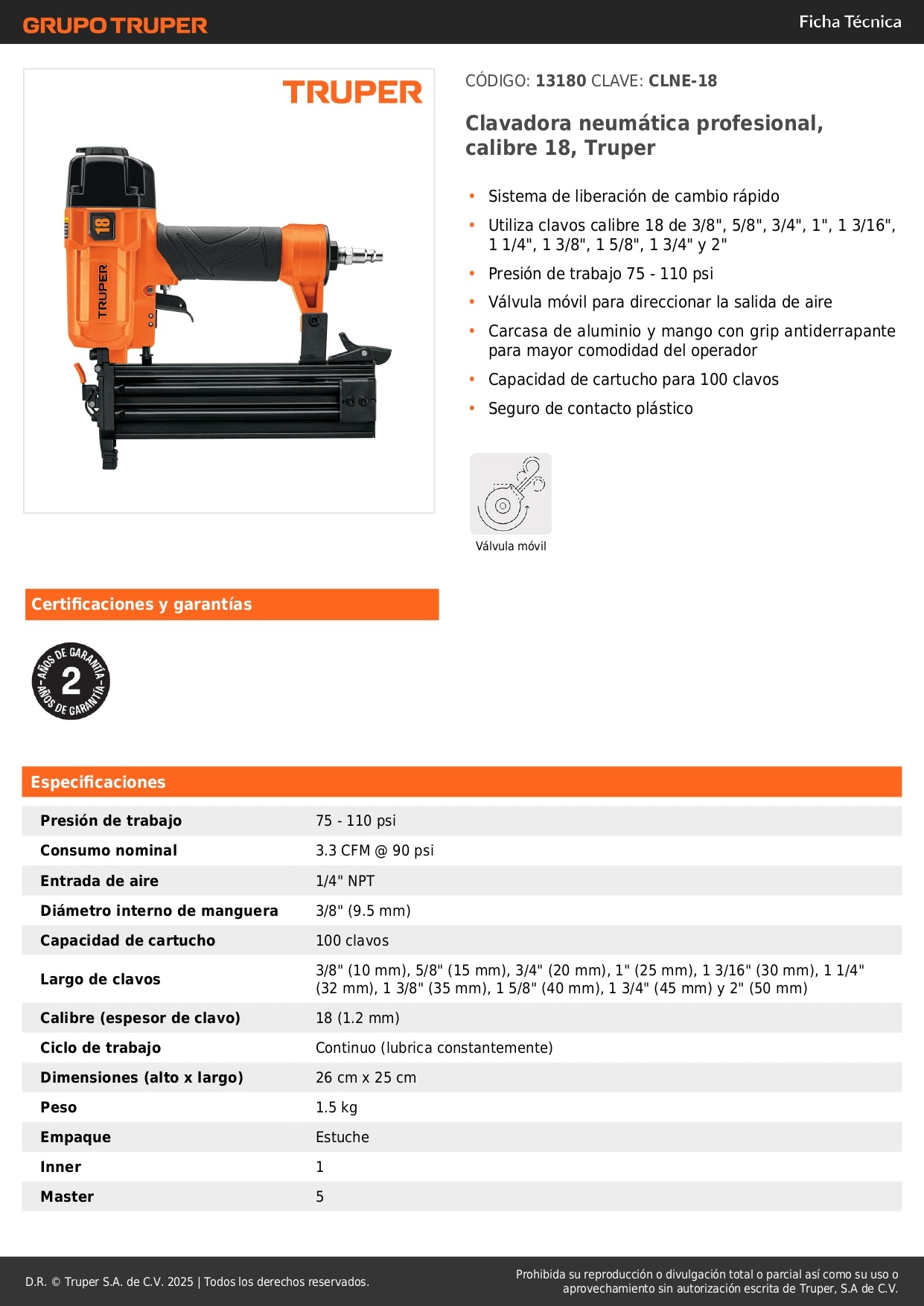 Clavadora Neumática Profesional Truper Calibre 18 CLNE-18 - Solución Rápida para Carpintería y Construcción - 100 Clavos - Sistema Cambio Rápido
