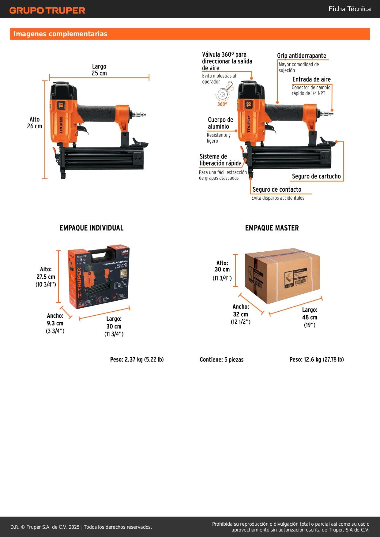 Clavadora Neumática Profesional Truper Calibre 18 CLNE-18 - Solución Rápida para Carpintería y Construcción - 100 Clavos - Sistema Cambio Rápido