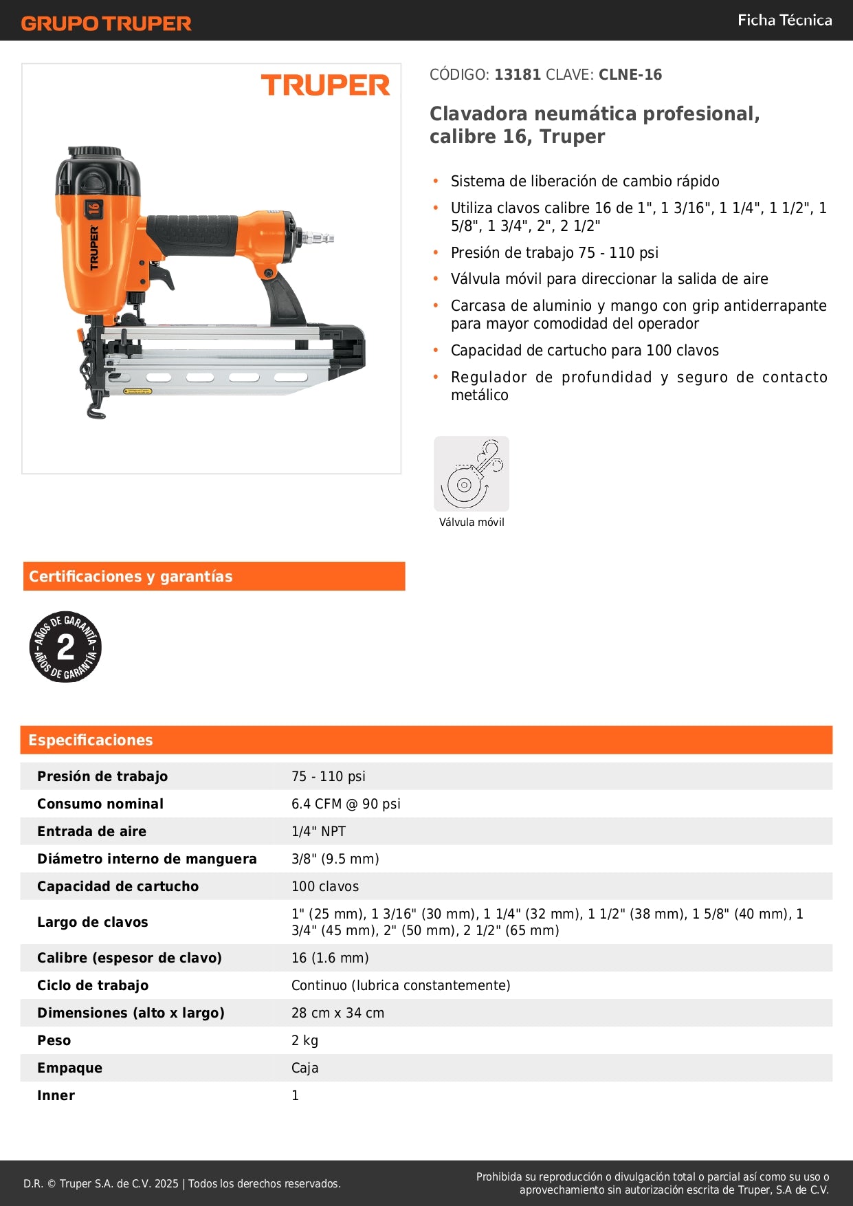 Clavadora Neumática Profesional Calibre 16 Truper CLNE-16 - Solución Rápida para Carpintería y Construcción - 100 Clavos, 75-110 PSI, Sistema Cambio Rápido