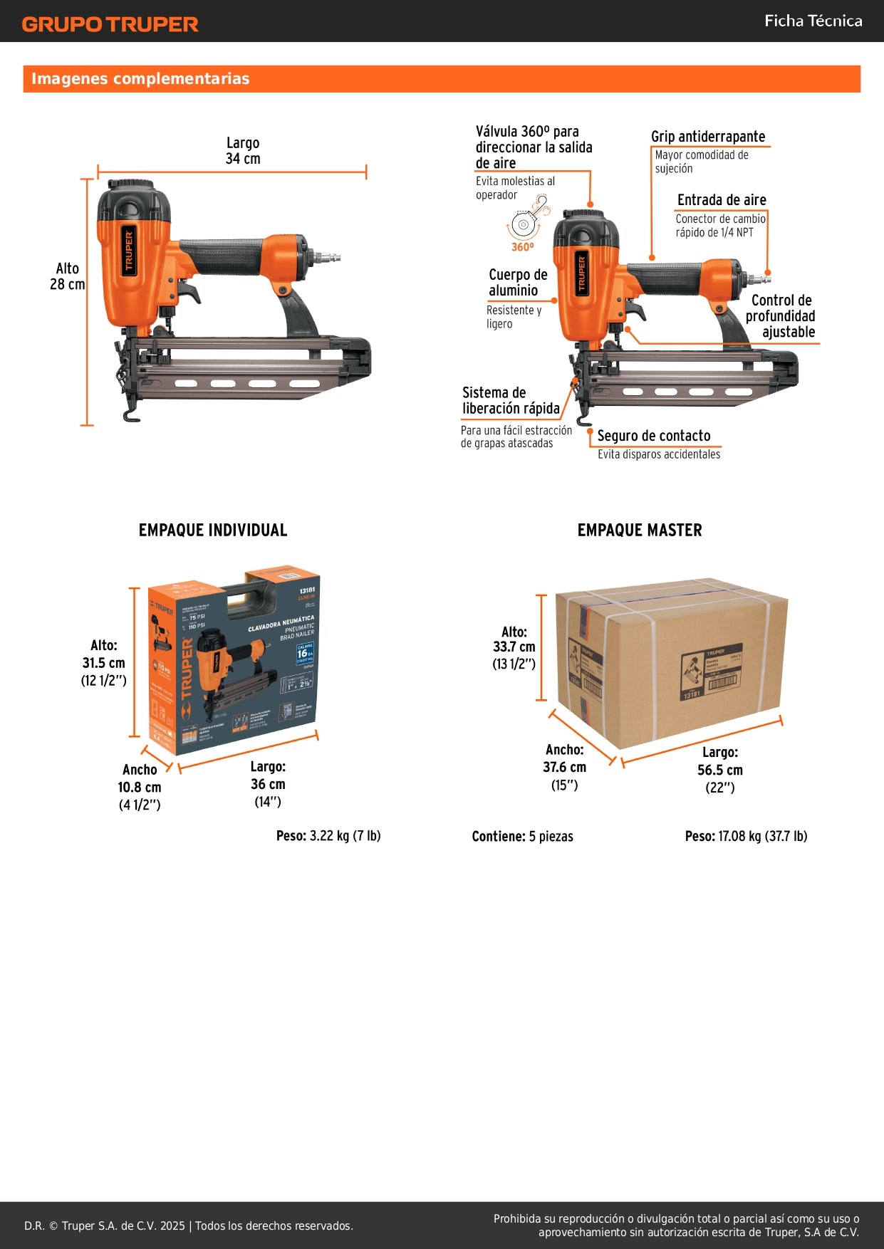 Clavadora Neumática Profesional Calibre 16 Truper CLNE-16 - Solución Rápida para Carpintería y Construcción - 100 Clavos, 75-110 PSI, Sistema Cambio Rápido