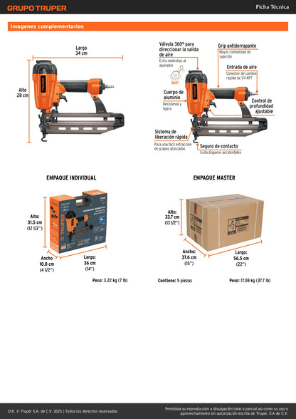 Clavadora Neumática Profesional Calibre 16 Truper CLNE-16 - Solución Rápida para Carpintería y Construcción - 100 Clavos, 75-110 PSI, Sistema Cambio Rápido