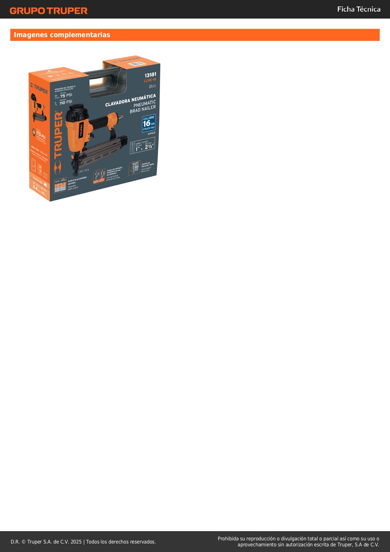 Clavadora Neumática Profesional Calibre 16 Truper CLNE-16 - Solución Rápida para Carpintería y Construcción - 100 Clavos, 75-110 PSI, Sistema Cambio Rápido