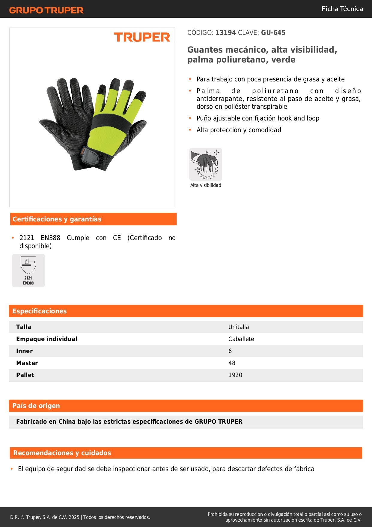 Guantes Mecánicos Alta Visibilidad Verde Antiderrapantes - Protección Contra Grasa y Aceite - Palma Poliuretano Transpirable GU-645