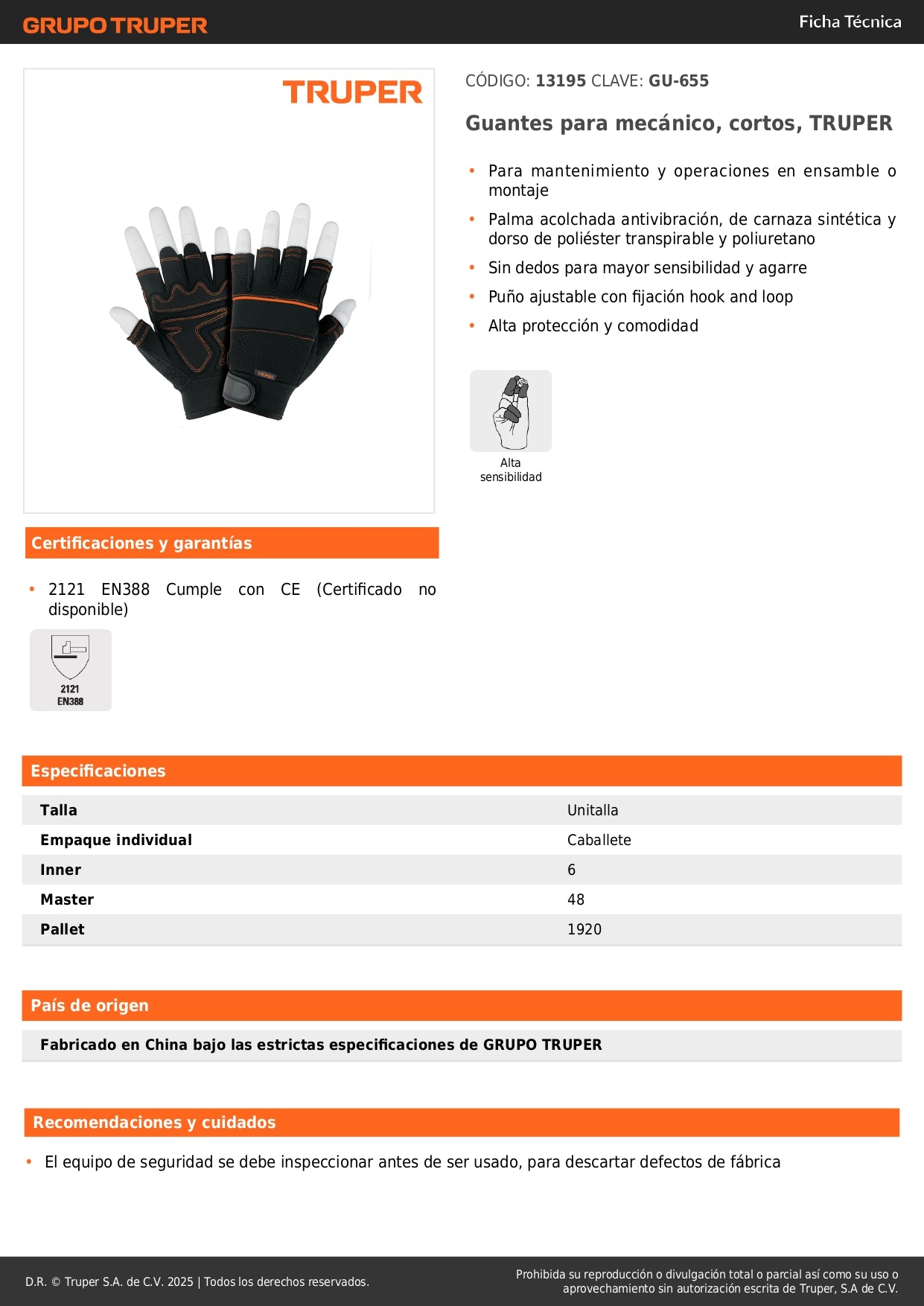 Guantes Mecánico Sin Dedos TRUPER GU-655 - Antivibración Carnaza Sintética para Mantenimiento Industrial