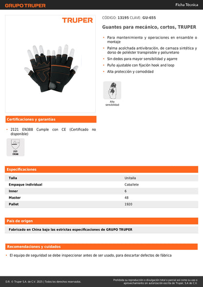 Guantes Mecánico Sin Dedos TRUPER GU-655 - Antivibración Carnaza Sintética para Mantenimiento Industrial