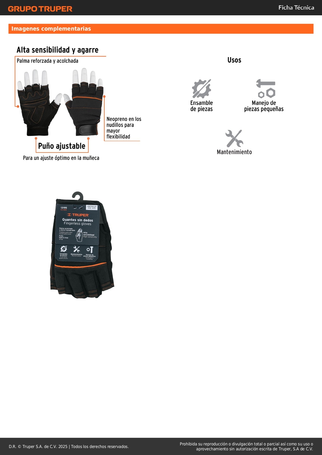 Guantes Mecánico Sin Dedos TRUPER GU-655 - Antivibración Carnaza Sintética para Mantenimiento Industrial