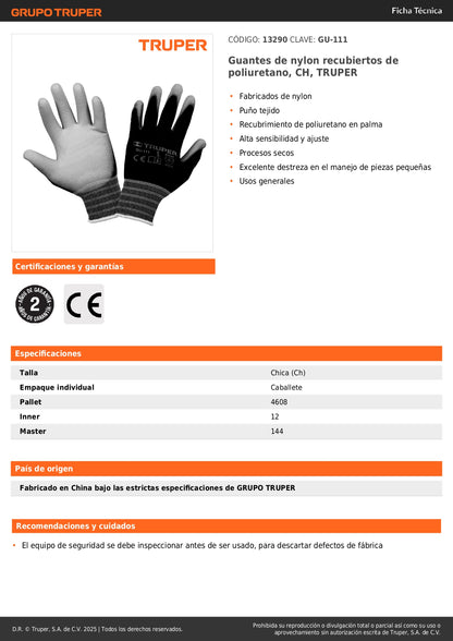 Guantes de Nylon con Recubrimiento Poliuretano TRUPER GU-111 - Máxima Destreza y Sensibilidad para Manejo Preciso de Piezas Pequeñas
