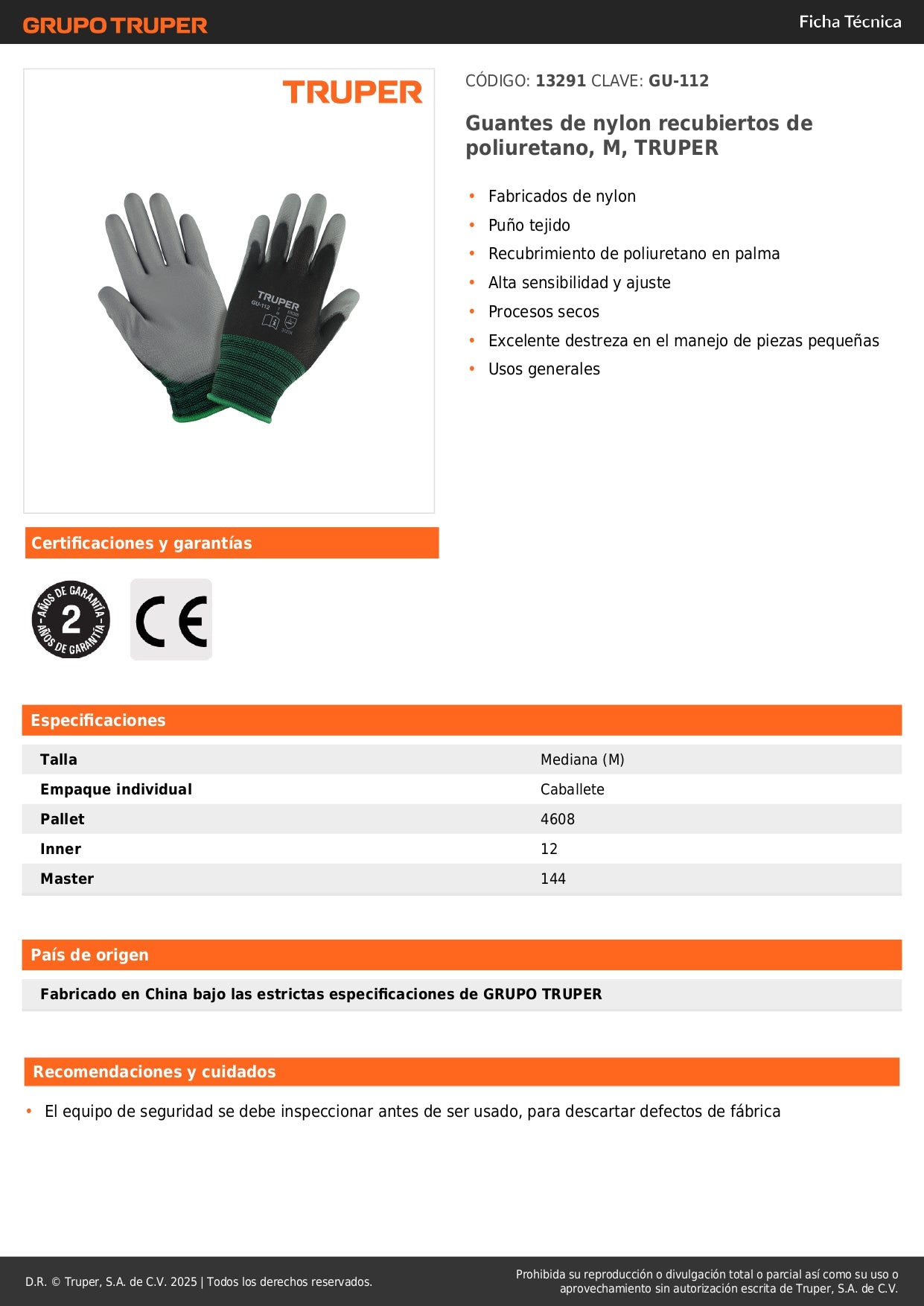 Guantes de Trabajo TRUPER GU-112 Nylon con Recubrimiento Poliuretano Talla M - Máxima Destreza y Sensibilidad para Manejo de Piezas Pequeñas