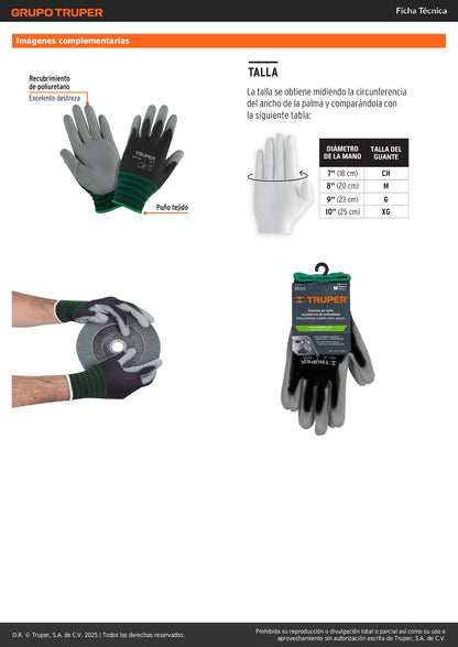 Guantes de Trabajo TRUPER GU-112 Nylon con Recubrimiento Poliuretano Talla M - Máxima Destreza y Sensibilidad para Manejo de Piezas Pequeñas