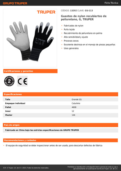 Guantes de Trabajo TRUPER GU-113 Nylon con Recubrimiento Poliuretano - Máxima Destreza y Sensibilidad para Manejo Preciso de Piezas Pequeñas