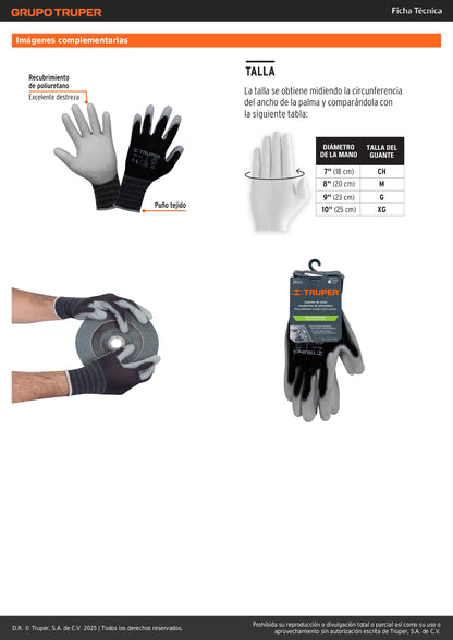 Guantes de Trabajo TRUPER GU-113 Nylon con Recubrimiento Poliuretano - Máxima Destreza y Sensibilidad para Manejo Preciso de Piezas Pequeñas