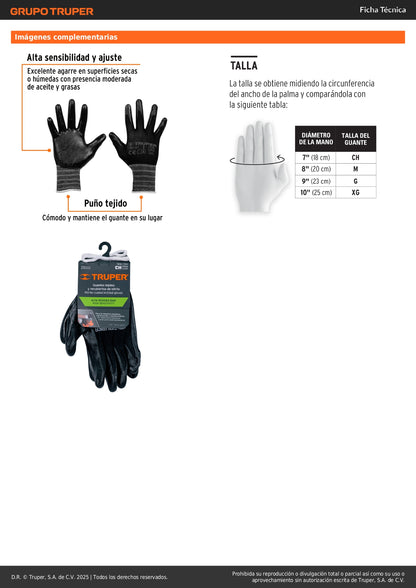 Guantes de Seguridad Industrial Nylon Nitrilo TRUPER GU-121 - Protección Antideslizante para Trabajo Húmedo y Seco