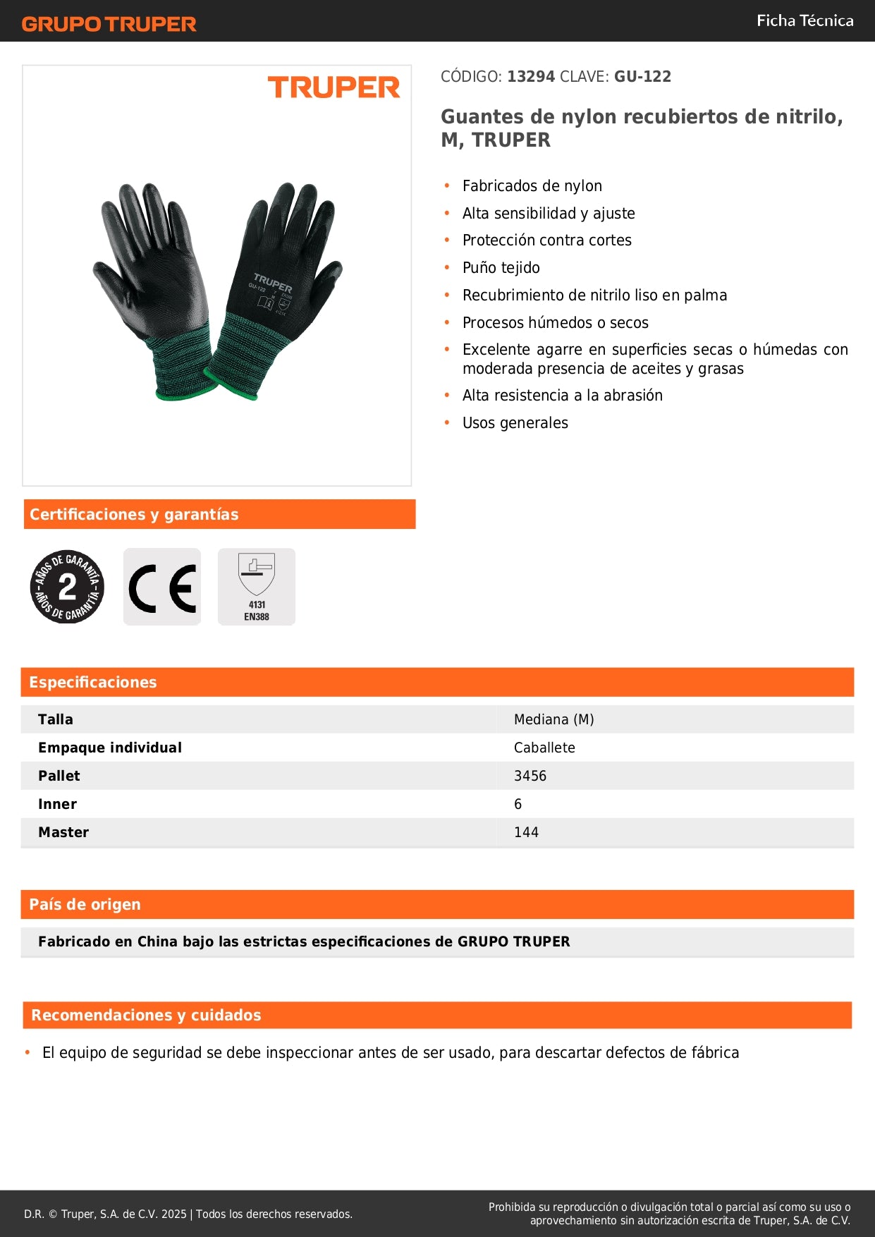 Guantes de Seguridad Industrial Nitrilo TRUPER GU-122 - Protección Antideslizante para Trabajo Húmedo y Seco Talla M
