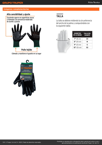 Guantes de Seguridad Industrial Nitrilo TRUPER GU-122 - Protección Antideslizante para Trabajo Húmedo y Seco Talla M