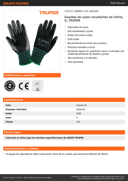 Guantes de Trabajo Nitrilo TRUPER GU-123 - Protección Anti-Cortes con Recubrimiento Antideslizante para Manejo Seguro de Materiales Húmedos y Secos - Talla G Nylon Resistente Abrasión