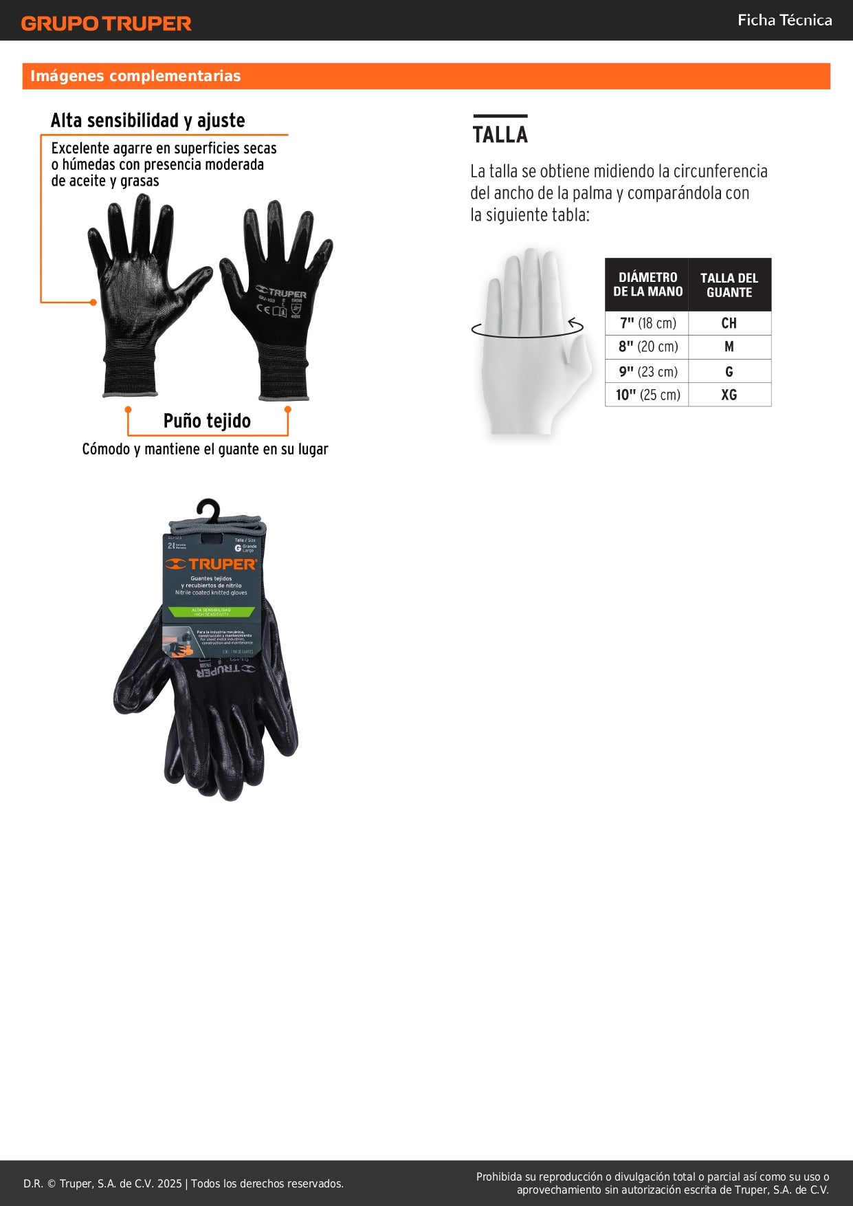 Guantes de Trabajo Nitrilo TRUPER GU-123 - Protección Anti-Cortes con Recubrimiento Antideslizante para Manejo Seguro de Materiales Húmedos y Secos - Talla G Nylon Resistente Abrasión