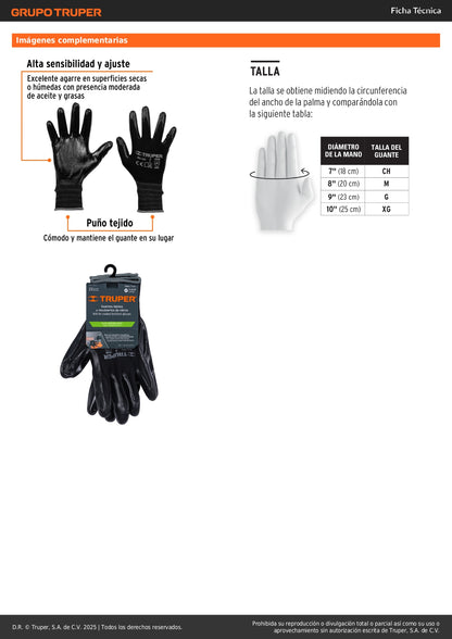 Guantes de Trabajo Nitrilo TRUPER GU-123 - Protección Anti-Cortes con Recubrimiento Antideslizante para Manejo Seguro de Materiales Húmedos y Secos - Talla G Nylon Resistente Abrasión
