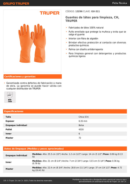 Guantes de Látex TRUPER GU-311 - Protección Química Antiderrapante para Limpieza Industrial y Doméstica