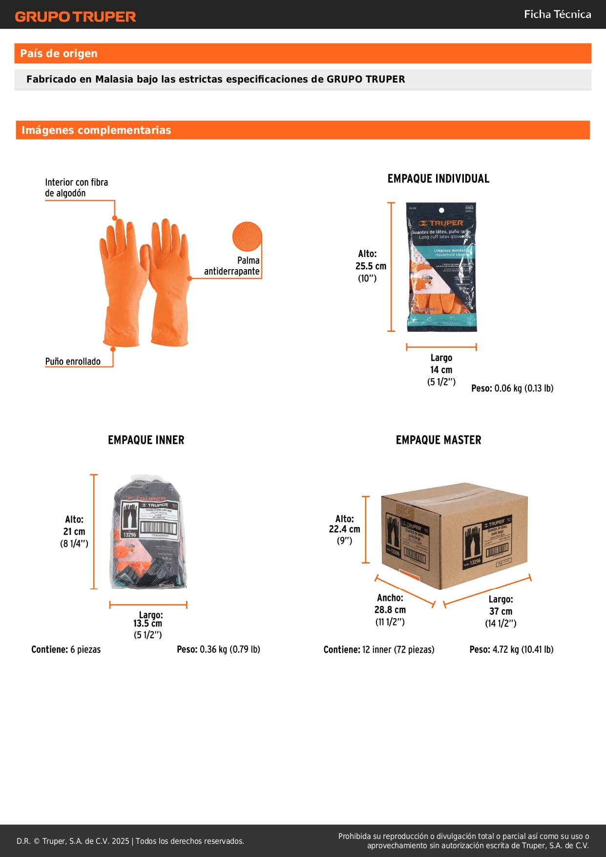 Guantes de Látex TRUPER GU-311 - Protección Química Antiderrapante para Limpieza Industrial y Doméstica
