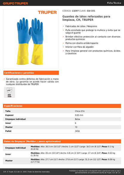 Guantes de Látex Reforzados TRUPER GU-331 - Protección Química Antiderrapante para Limpieza Industrial y Doméstica