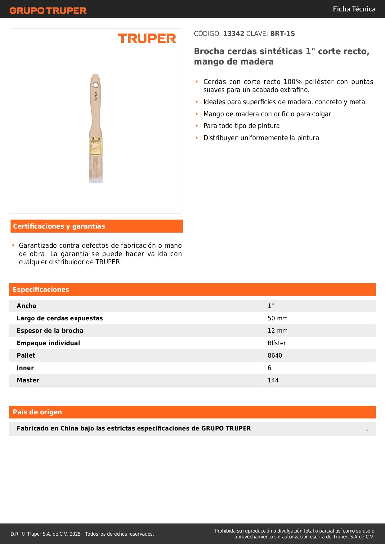Brocha Profesional Cerdas Sintéticas 1 Pulgada BRT-1S - Acabado Extrafino para Pintura en Madera, Concreto y Metal - Mango de Madera con Corte Recto - Solución Perfecta para Pintores Profesionales y Bricolaje