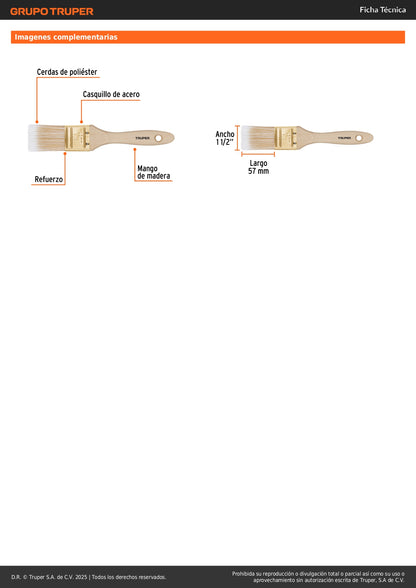 Brocha Cerdas Sintéticas 1-1/2 Pulgadas BRT-1-1/2S - Acabado Extrafino para Pintura en Madera, Concreto y Metal - Mango de Madera Profesional