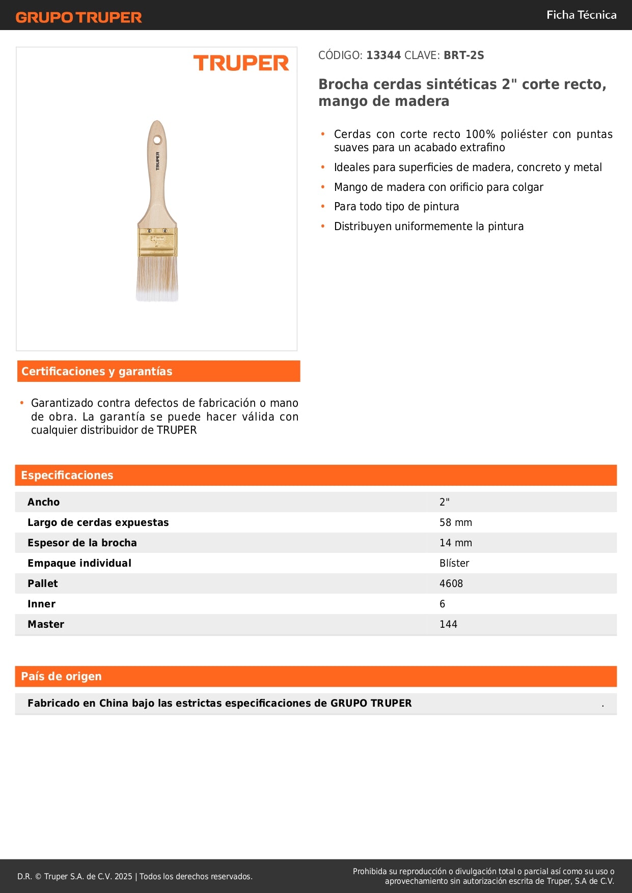 Brocha Profesional 2 Pulgadas Cerdas Sintéticas BRT-2S - Acabado Extrafino para Pintura en Madera, Concreto y Metal - Mango de Madera con Distribución Uniforme
