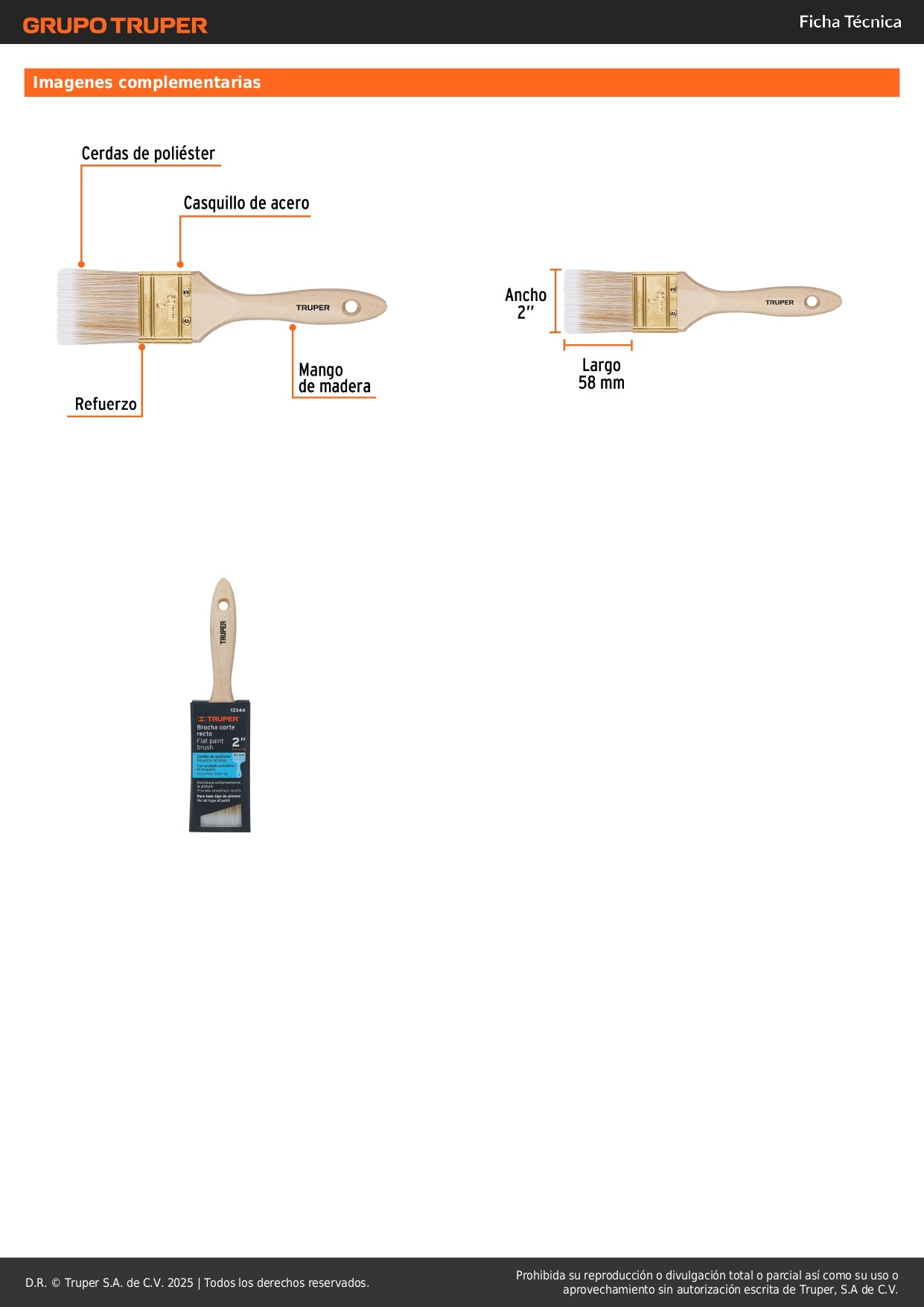 Brocha Profesional 2 Pulgadas Cerdas Sintéticas BRT-2S - Acabado Extrafino para Pintura en Madera, Concreto y Metal - Mango de Madera con Distribución Uniforme