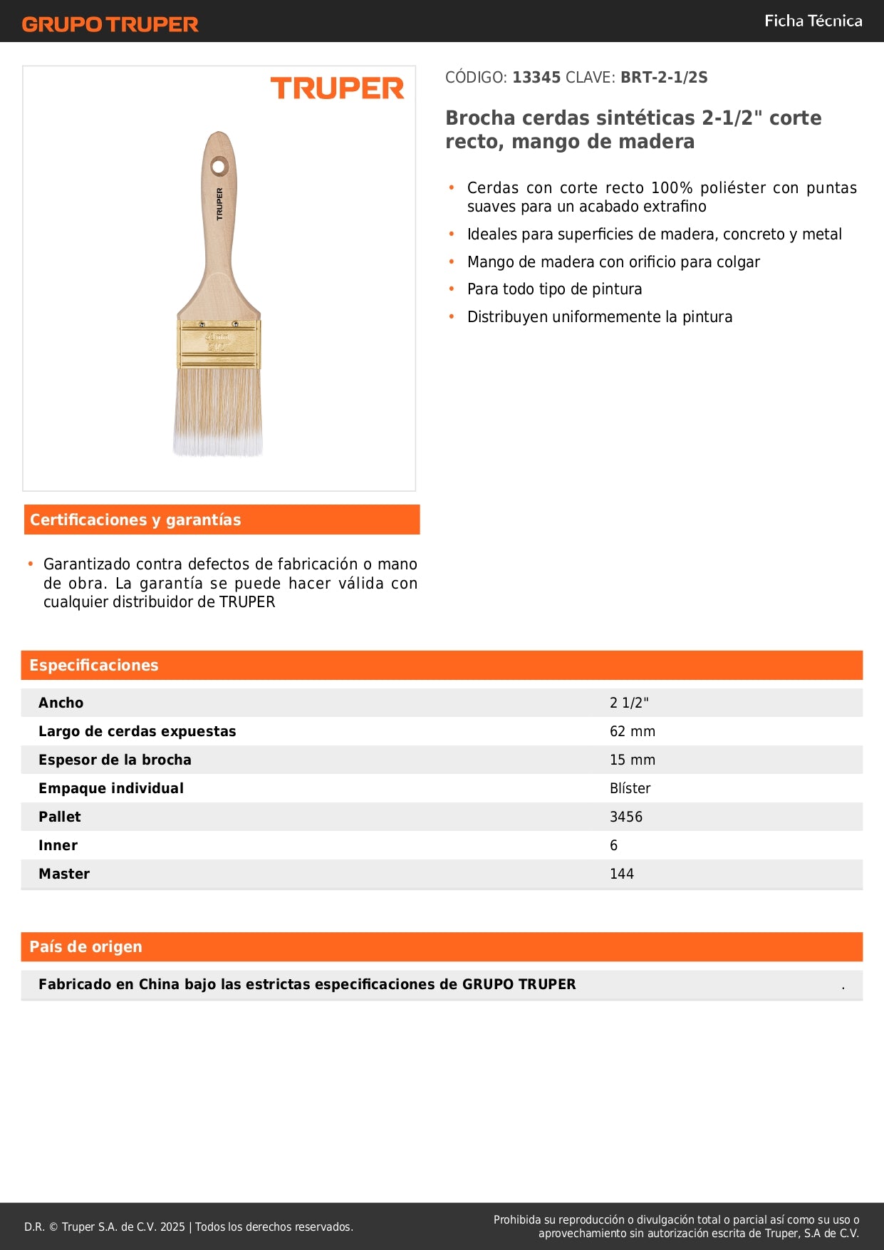 Brocha Cerdas Sintéticas 2-1/2" BRT-2-1/2S - Acabado Extrafino para Pintura en Madera, Concreto y Metal - Mango Madera