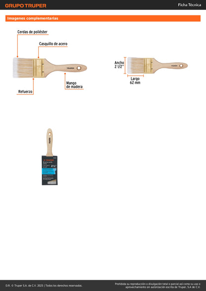Brocha Cerdas Sintéticas 2-1/2" BRT-2-1/2S - Acabado Extrafino para Pintura en Madera, Concreto y Metal - Mango Madera