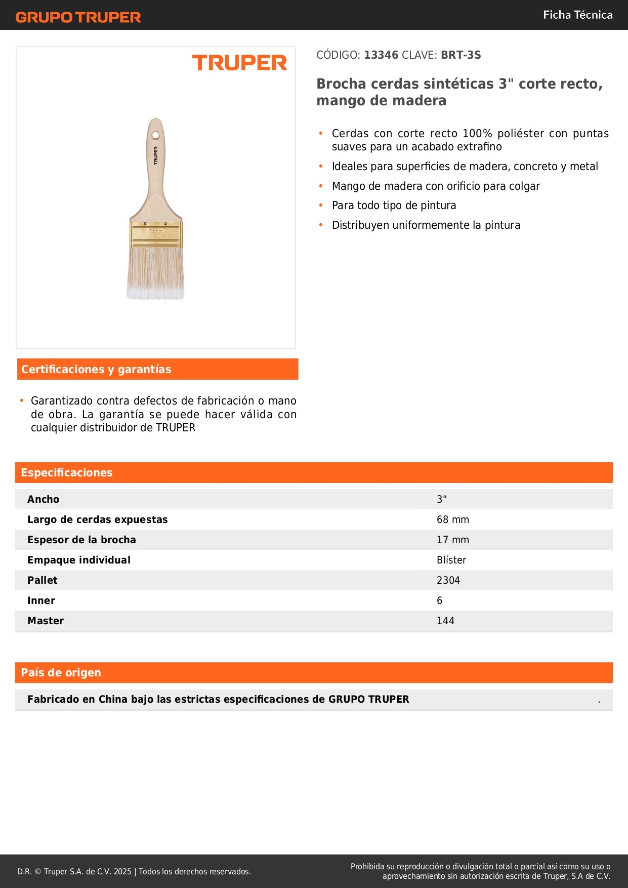 Brocha Profesional 3 Pulgadas Cerdas Sintéticas BRT-3S - Acabado Extrafino para Pintura en Madera, Concreto y Metal - Mango de Madera con Distribución Uniforme