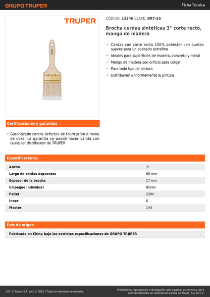 Brocha Profesional 3 Pulgadas Cerdas Sintéticas BRT-3S - Acabado Extrafino para Pintura en Madera, Concreto y Metal - Mango de Madera con Distribución Uniforme