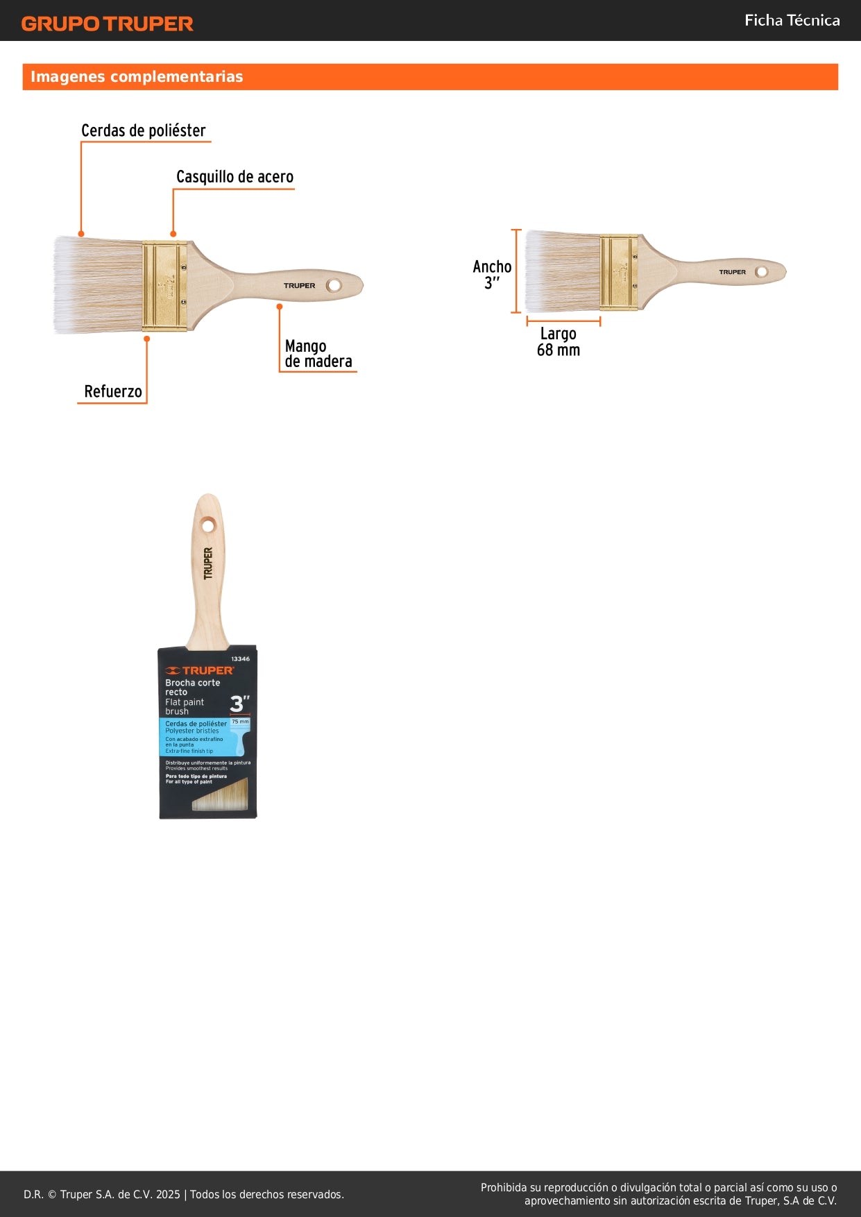 Brocha Profesional 3 Pulgadas Cerdas Sintéticas BRT-3S - Acabado Extrafino para Pintura en Madera, Concreto y Metal - Mango de Madera con Distribución Uniforme