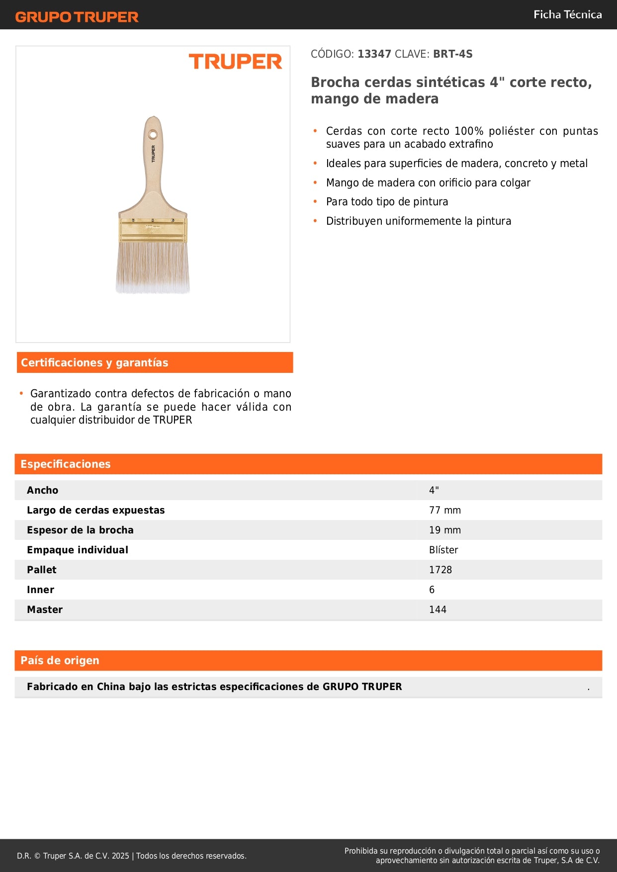 Brocha Profesional 4 Pulgadas Cerdas Sintéticas BRT-4S - Acabado Extrafino para Pintura en Madera, Concreto y Metal - Mango de Madera con Corte Recto - Solución Perfecta para Aplicación Uniforme de Pintura
